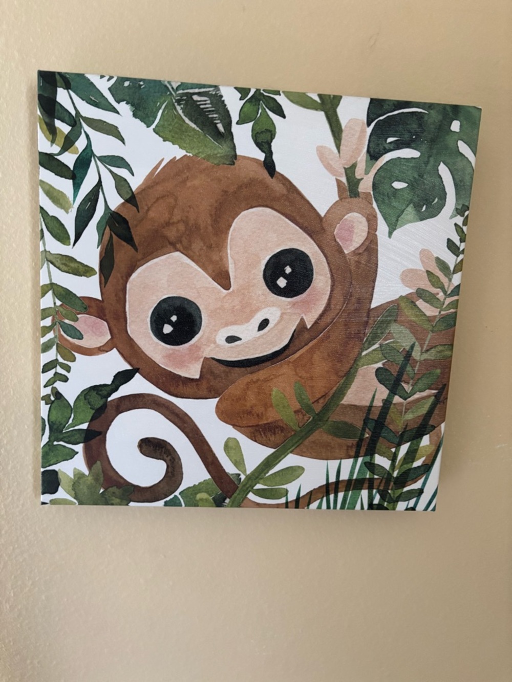Cute Jungle Monkey Wall Art Canvas - Brown & Green